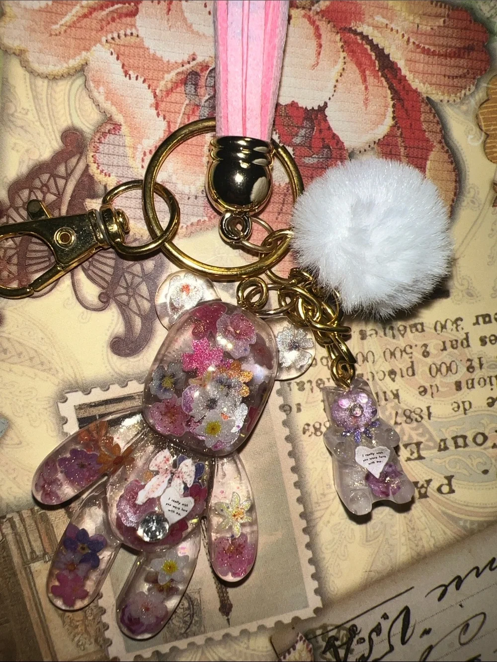 Pink Floral Resin Bear Keychain, backpack or purse charm.